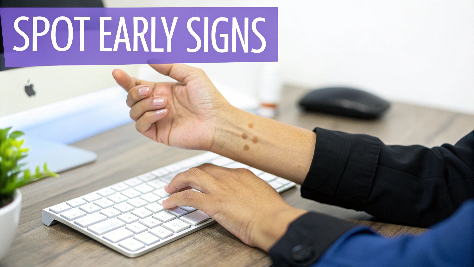 Person at a desk experiencing wrist and shoulder pain, highlighting the common areas affected by RSI.