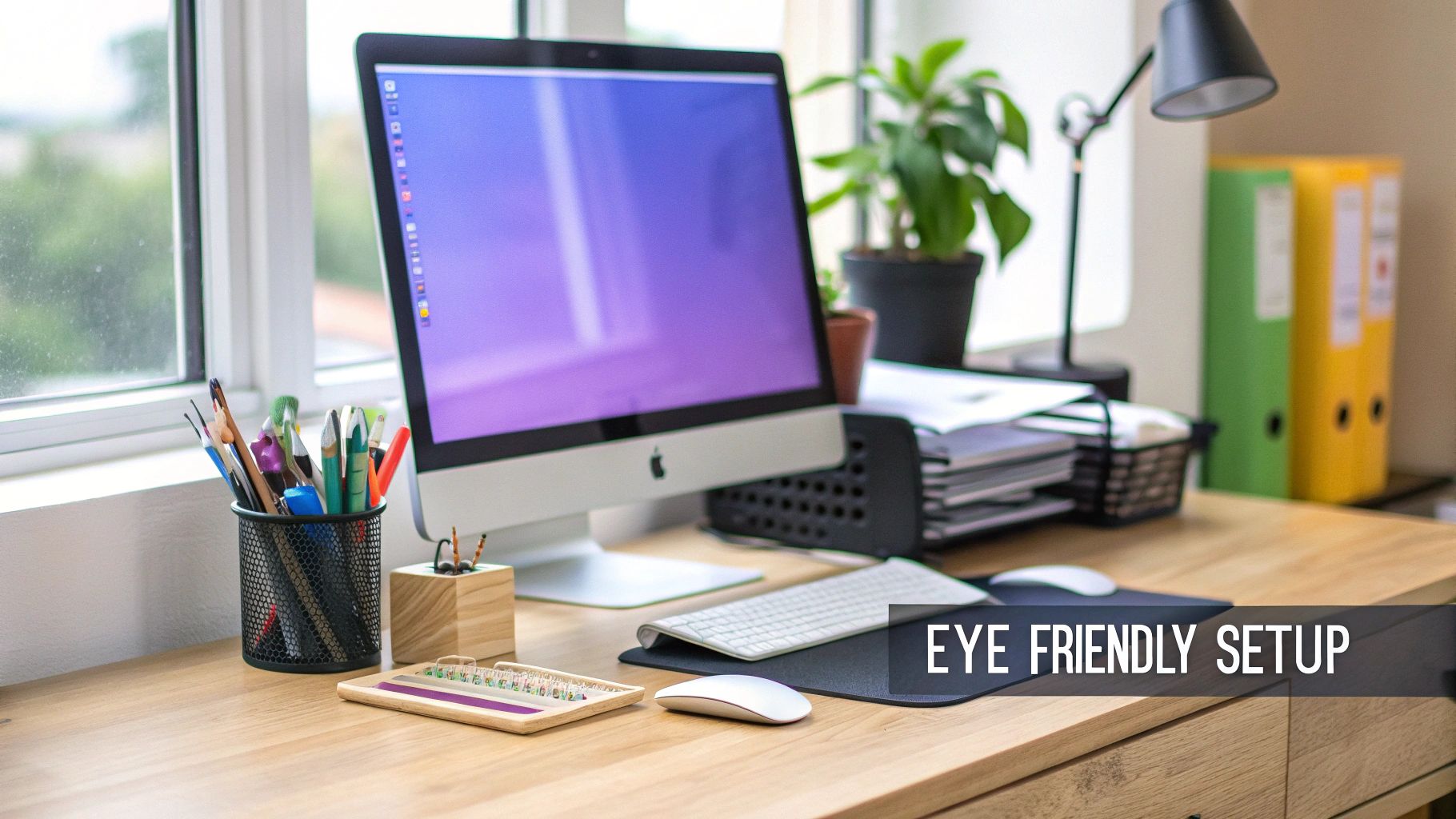 A person sitting at an ergonomically correct desk with a monitor at eye level.