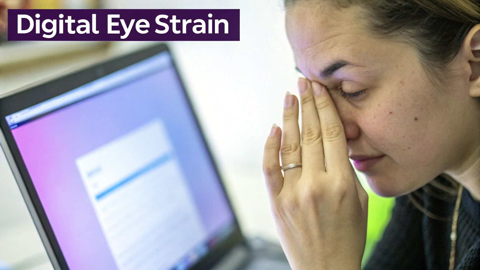A person feeling eye strain while working on a laptop in a well-lit room.