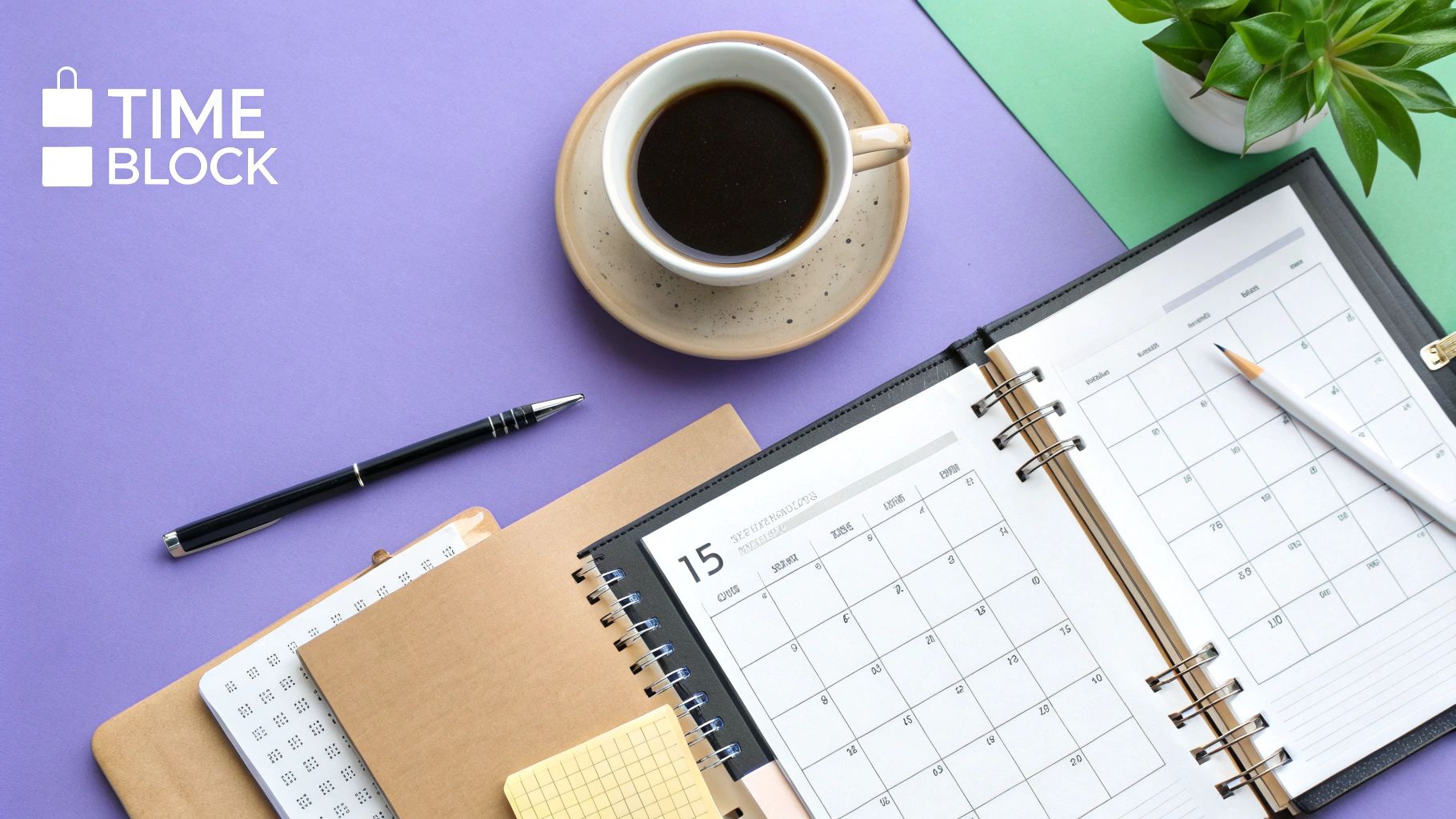 A desk with a laptop, a planner, and a cup of coffee, symbolizing effective remote work scheduling.