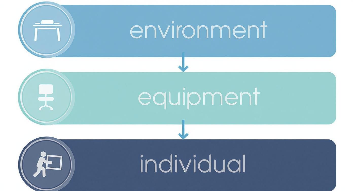 Infographic showing the hierarchy of ergonomic safety controls for preventing workplace injuries, from environment to equipment to individual.