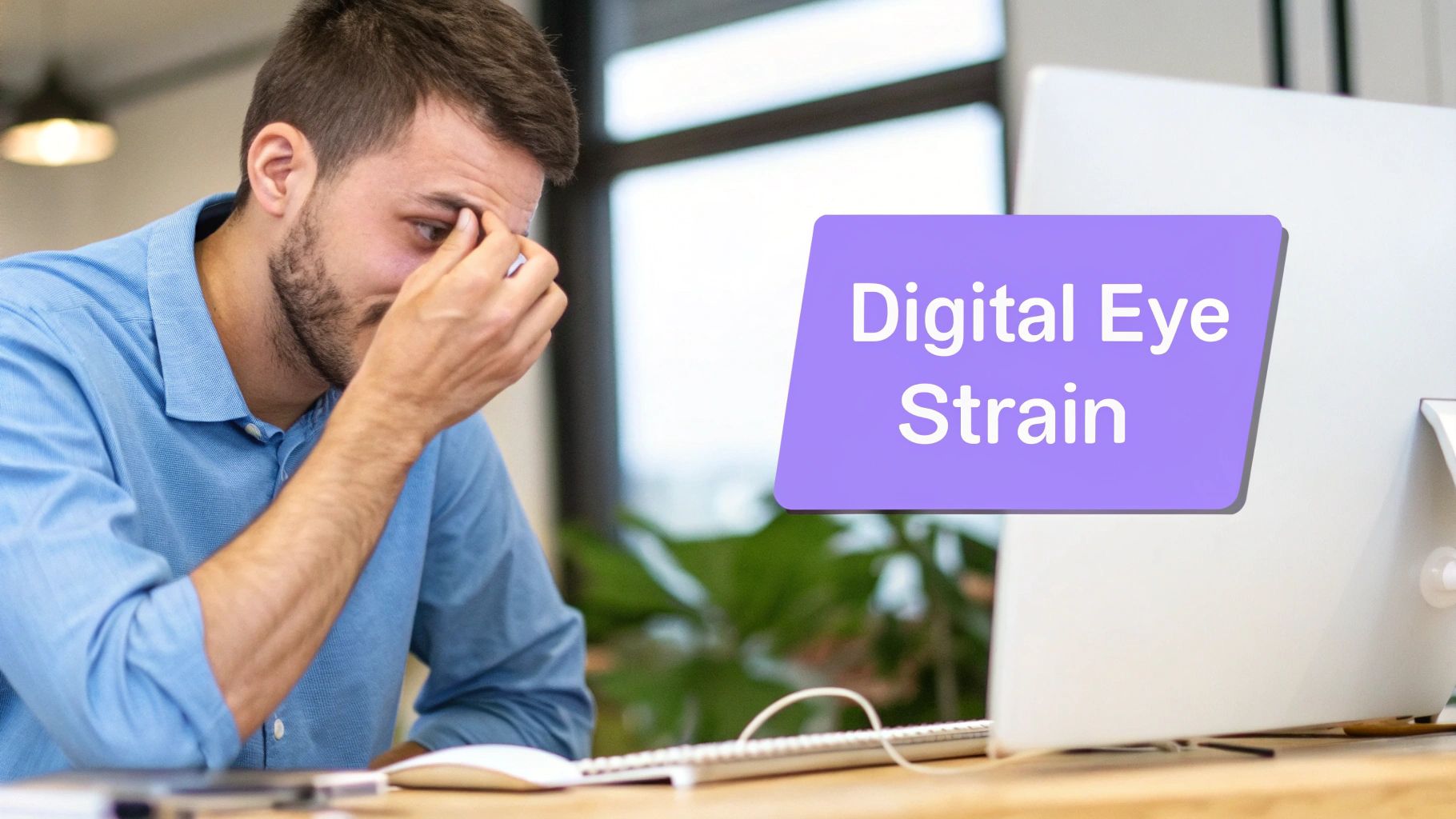 A person sitting at a desk and experiencing eye strain from their computer screen.
