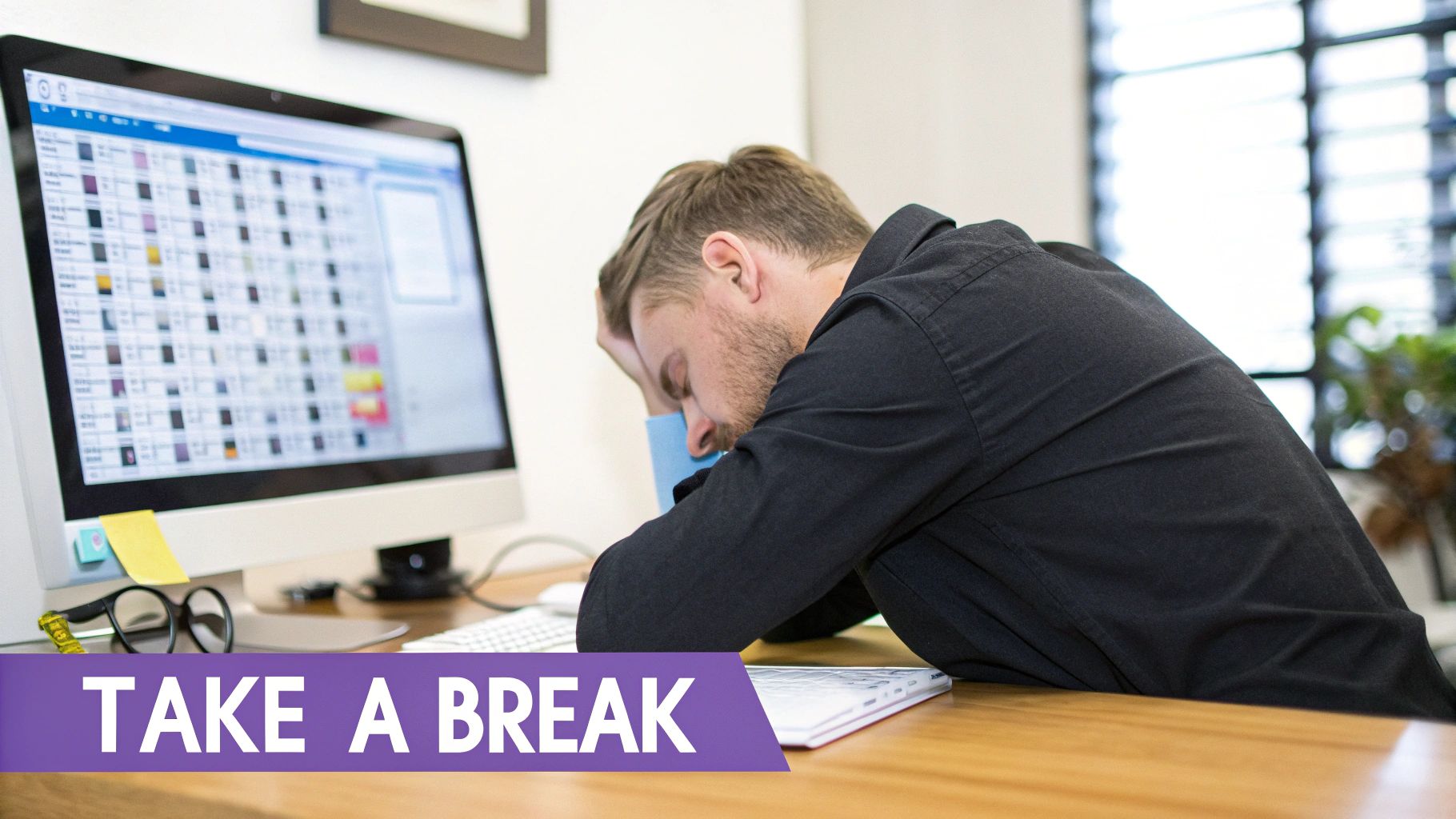 A person sitting at a desk looking tired and overwhelmed by work.