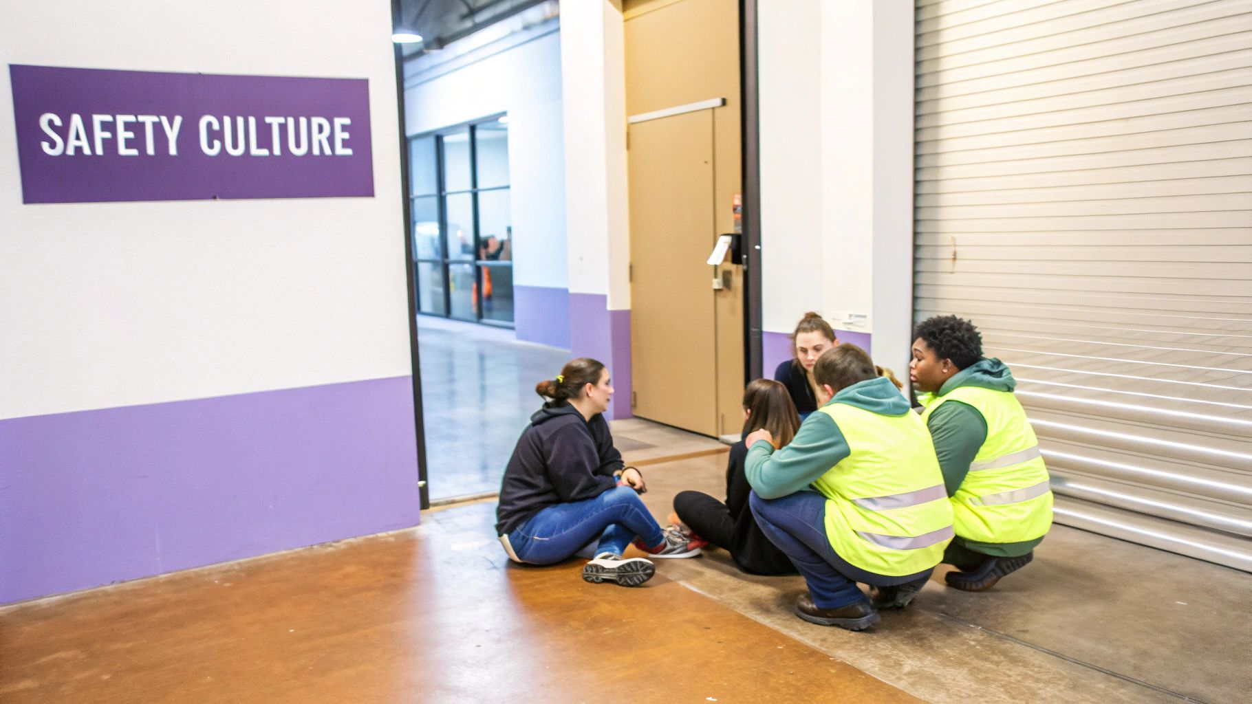 A diverse team collaborates around a table, pointing at charts and discussing safety plans.