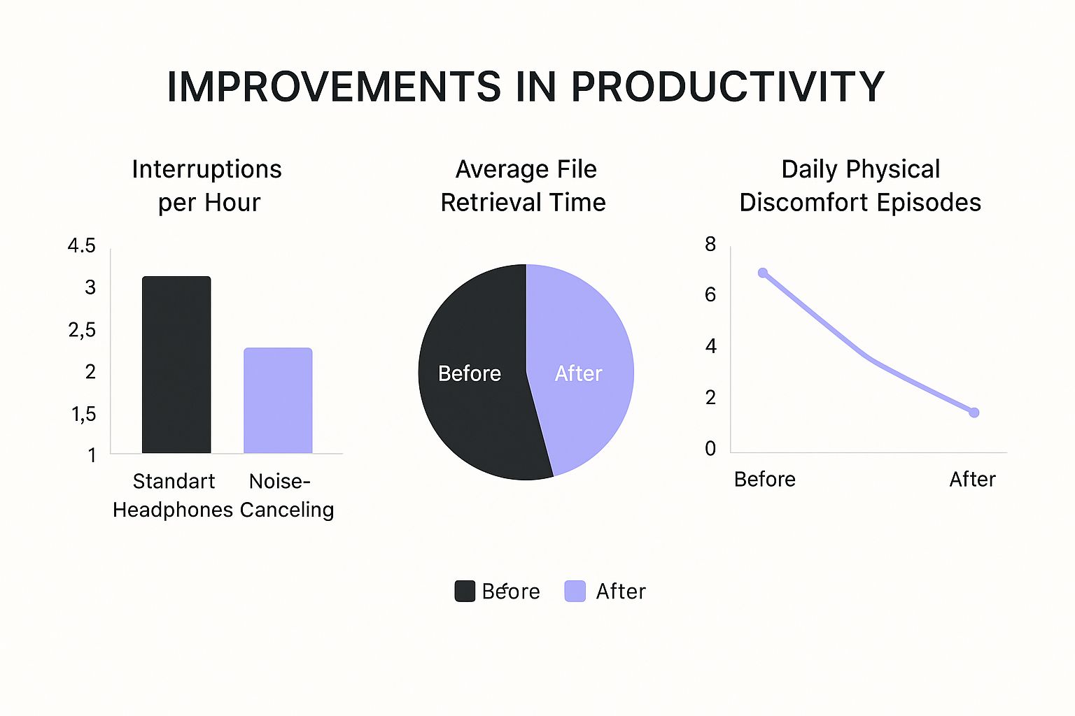 Infographic showing a bar chart that compares interruptions per hour with standard headphones vs noise-canceling; average file retrieval time before vs after digital organization; daily physical discomfort episodes before vs after ergonomic setup.