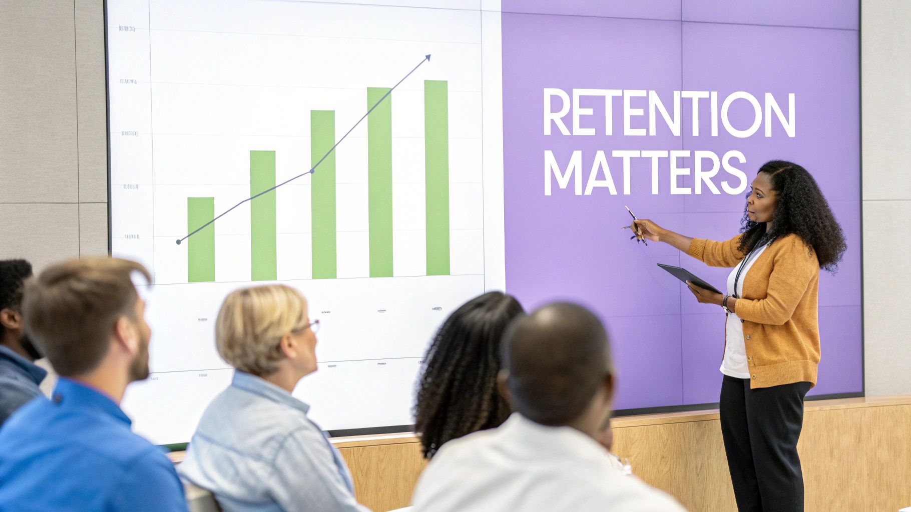A diverse group of colleagues collaborating happily in a modern office space, symbolizing a positive work environment and strong employee retention.