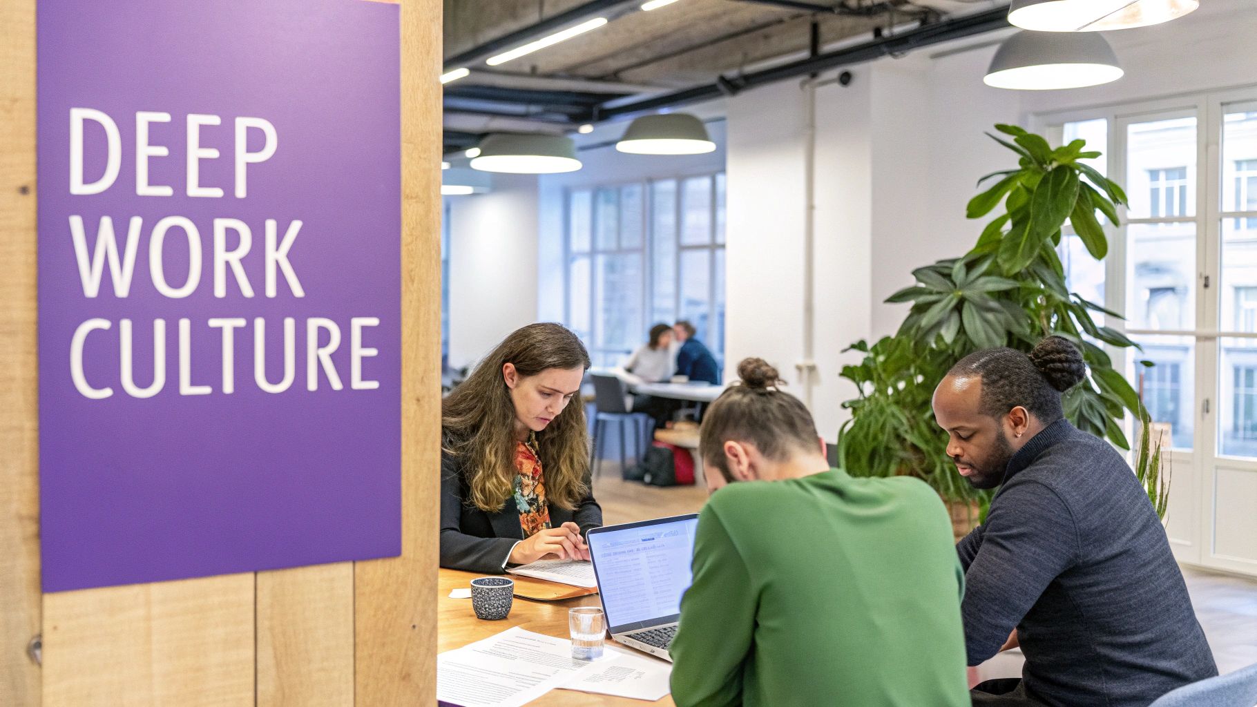 A diverse team collaborates effectively in a well-lit, calm office space, with some members engaged in focused individual work.
