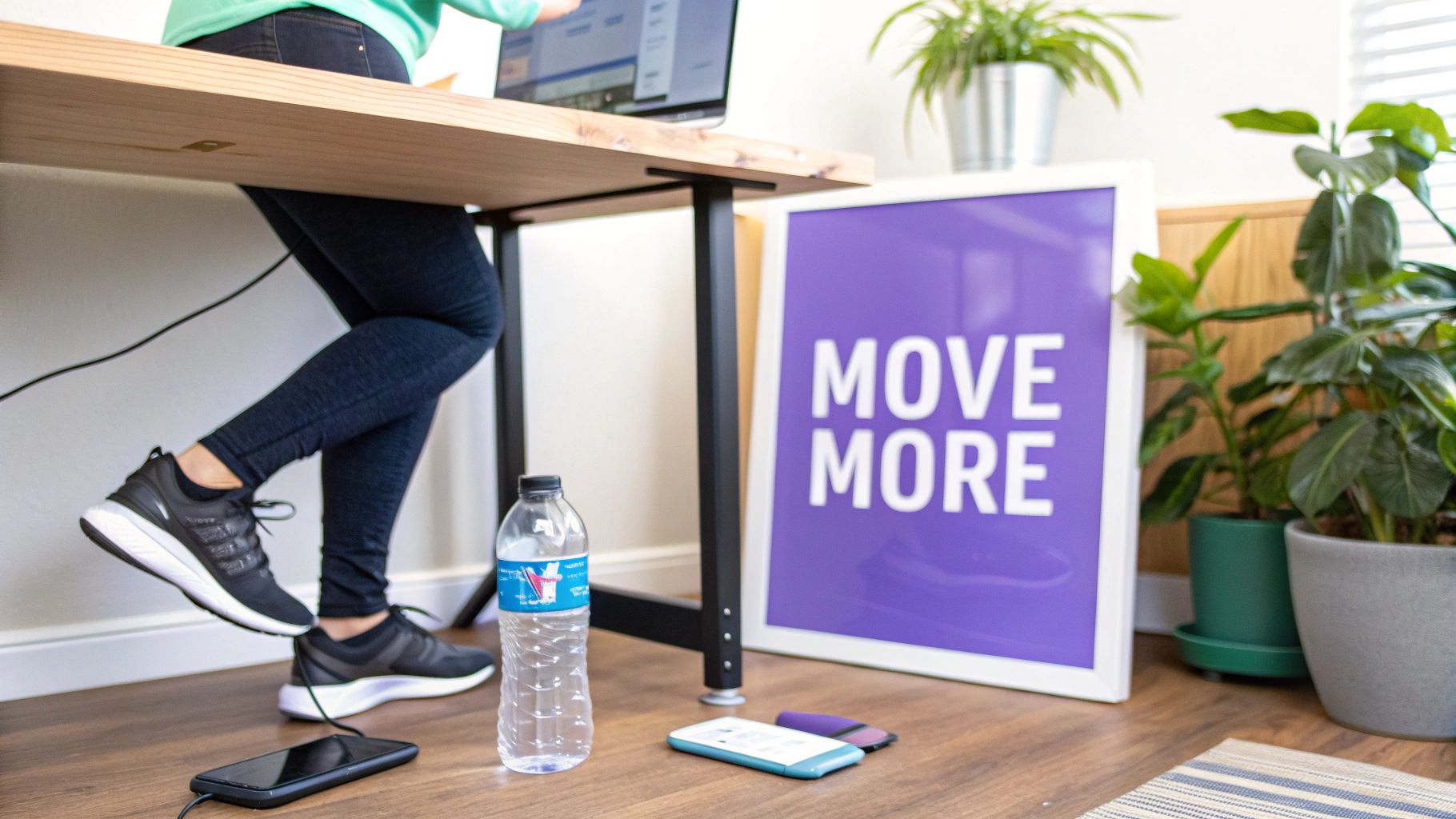 A person at a standing desk, looking energized and focused while working.