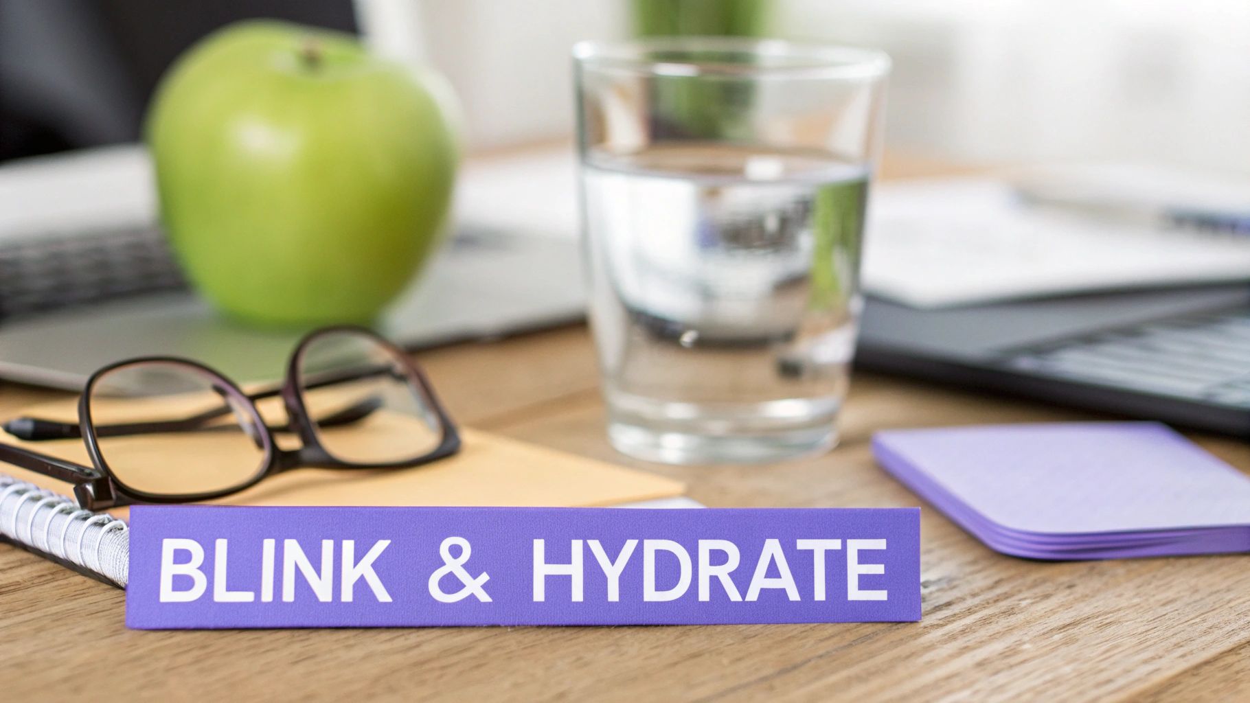 Woman drinking water and smiling while working at her desk
