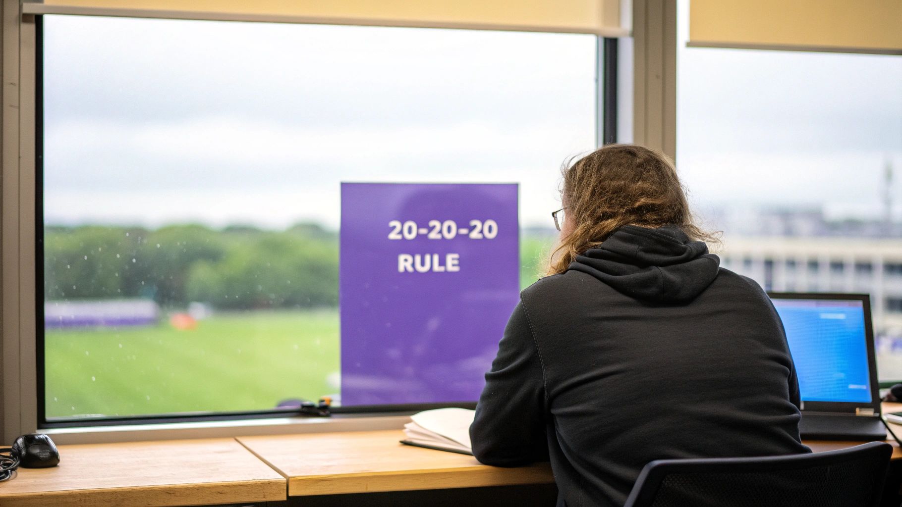 A person gently palming their eyes at their desk for a moment of rest.