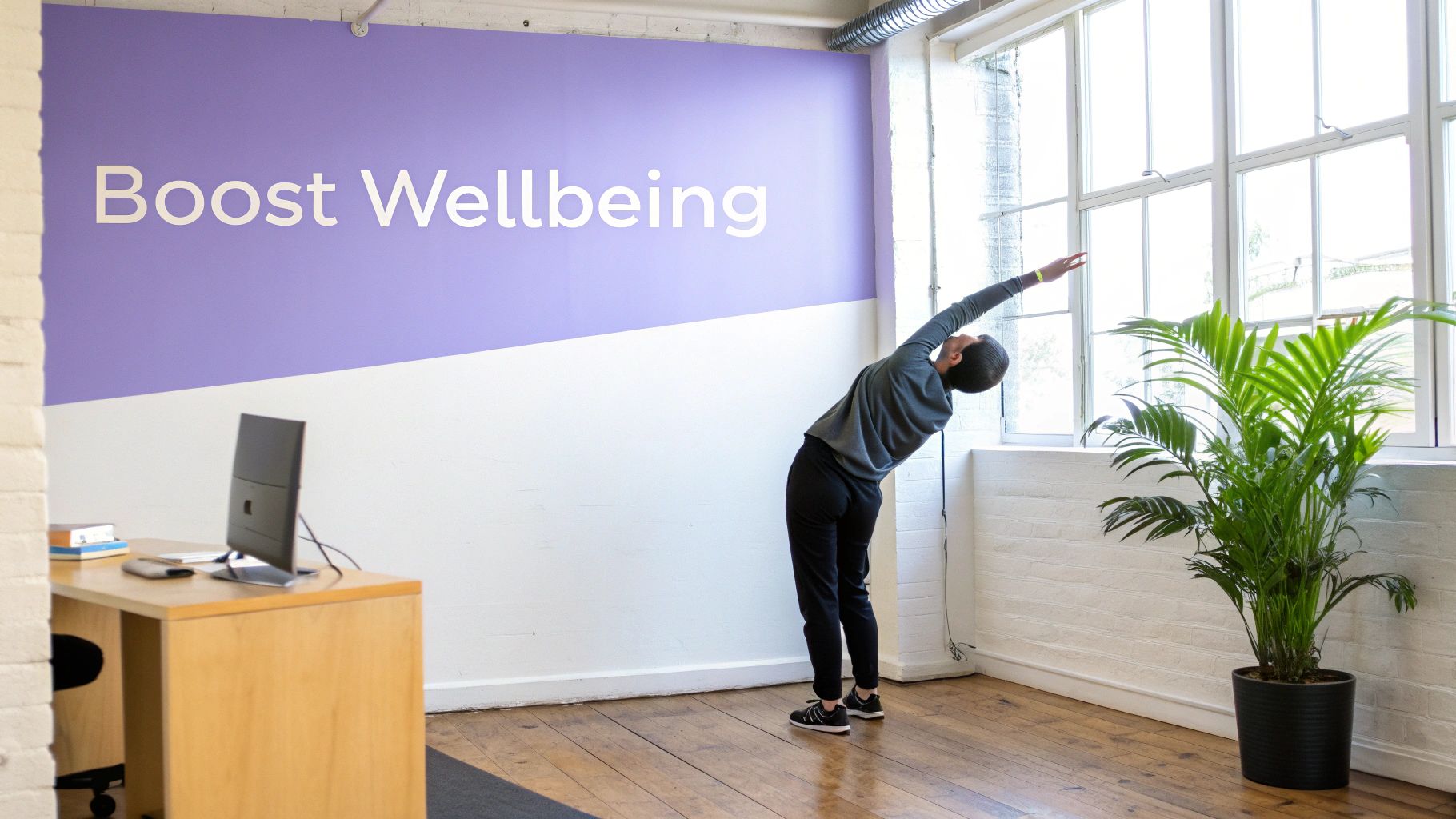A person stretching at their desk, feeling refreshed and healthy.