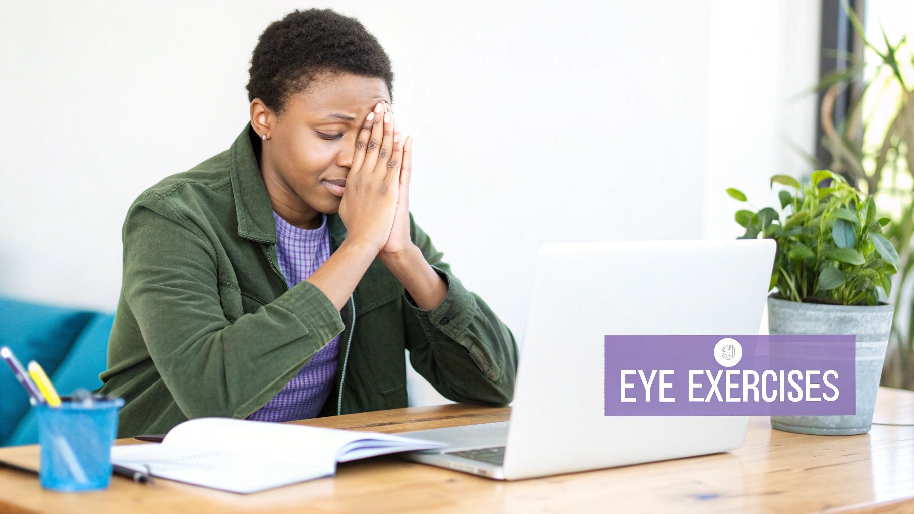 A person gently cupping their hands over their closed eyes, demonstrating an eye relaxation technique.