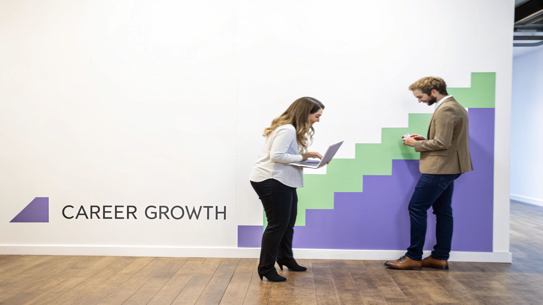 A manager and an employee reviewing a career development plan on a tablet in a bright, modern office.