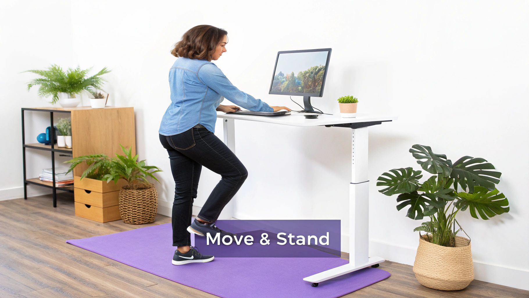 A person working at a sit-stand desk, alternating between sitting and standing.