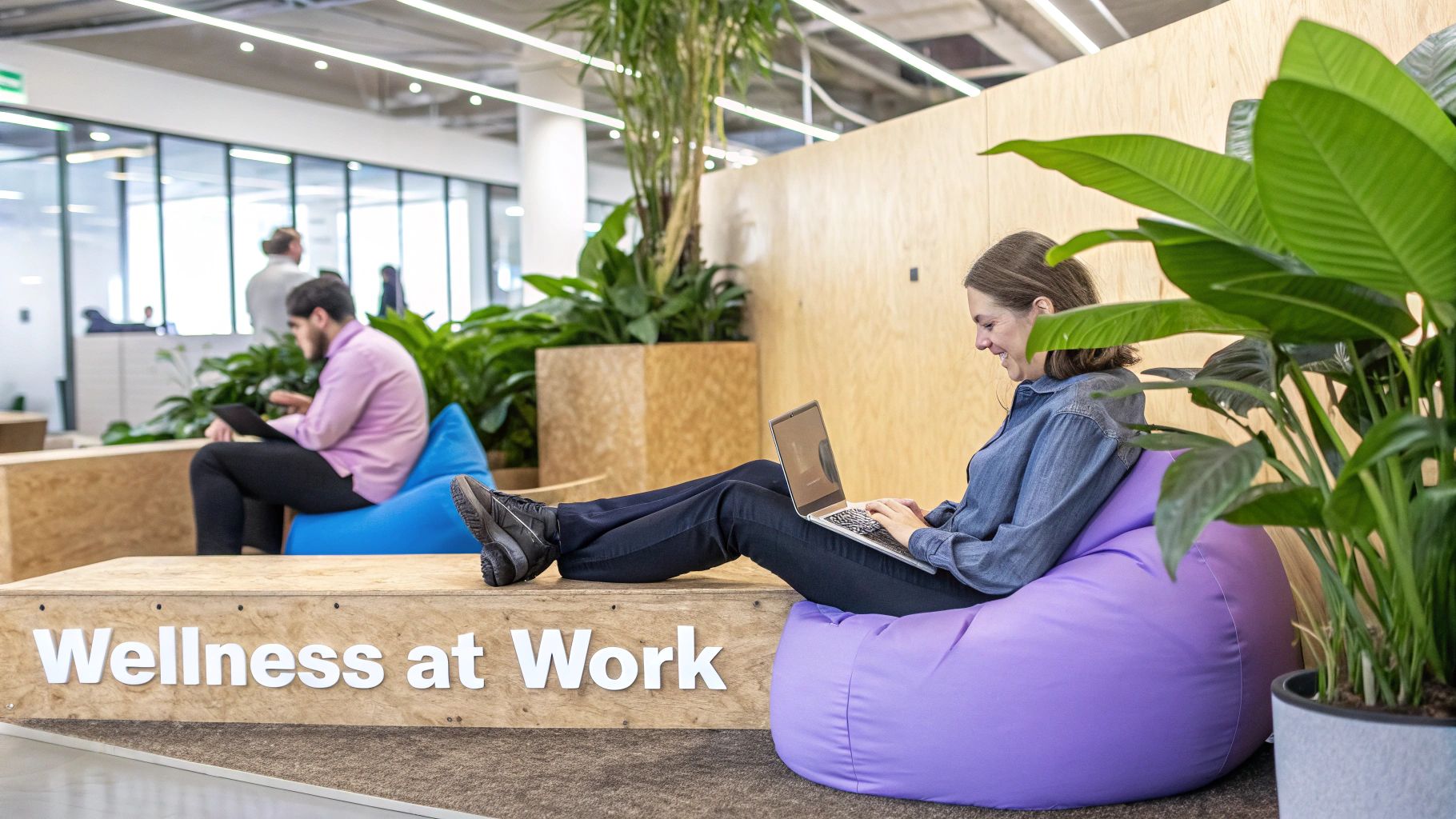 A person meditating peacefully at their desk in a sunlit office, illustrating workplace wellness and mental health support.