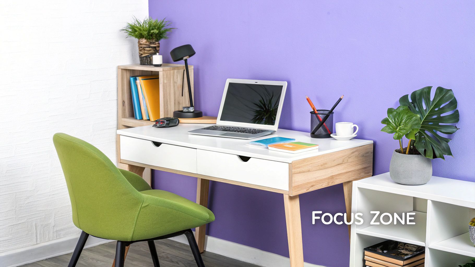 A person sitting at a well-organized home office desk with a large monitor, plants, and natural light.