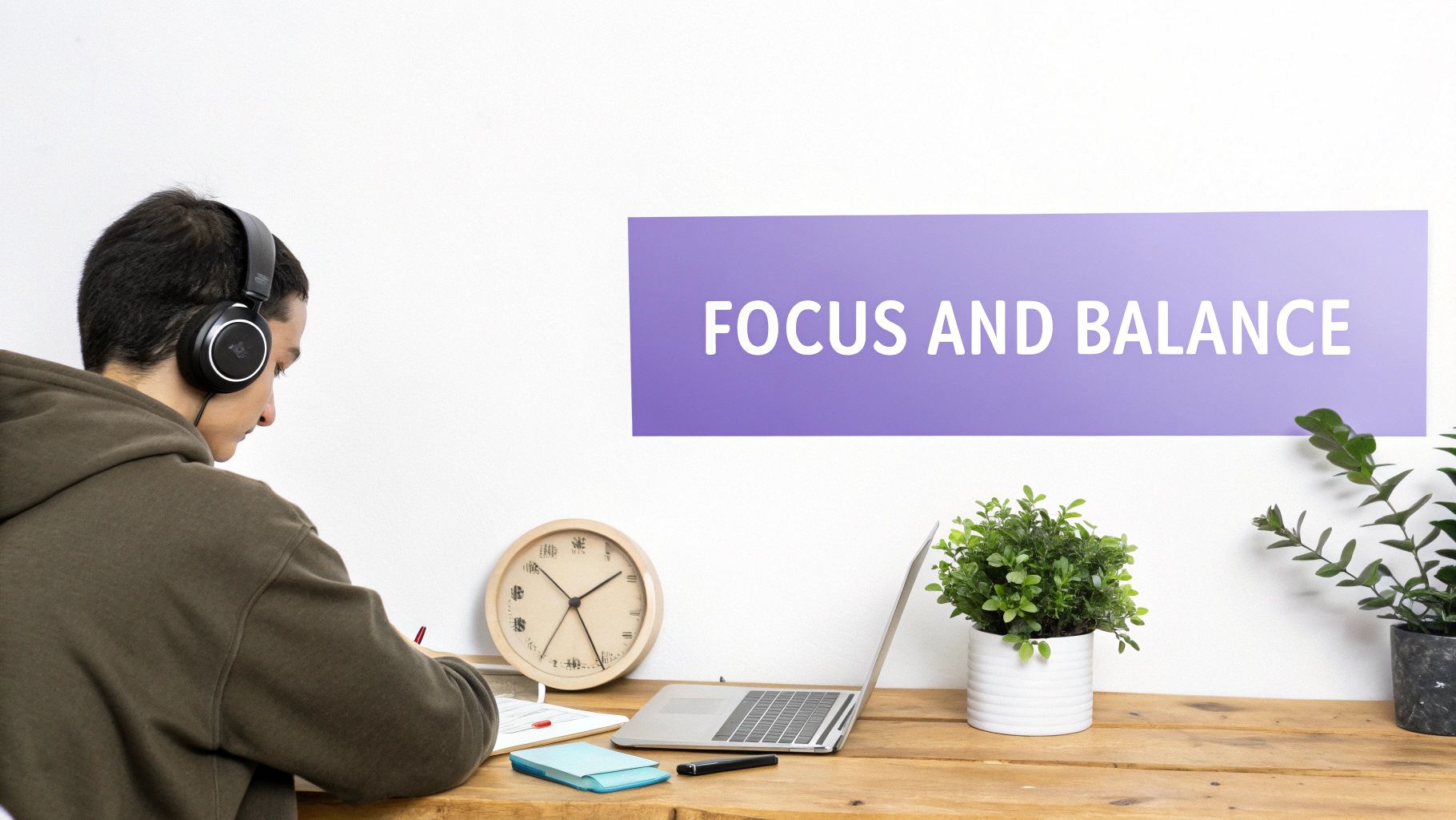 A person working at a desk with natural light, showing a calm and focused environment.