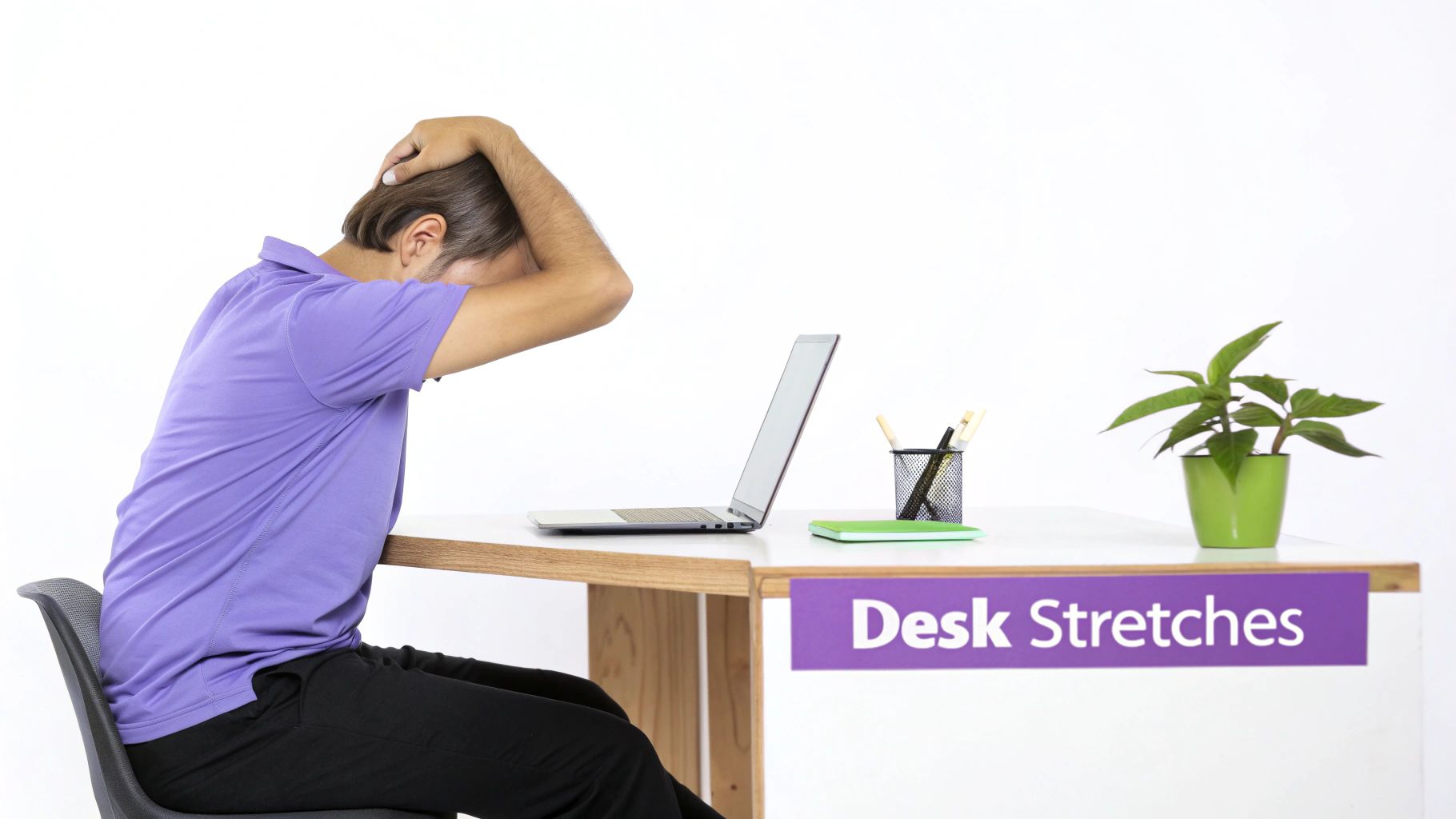 A person at their desk doing a simple stretch to improve posture while sitting