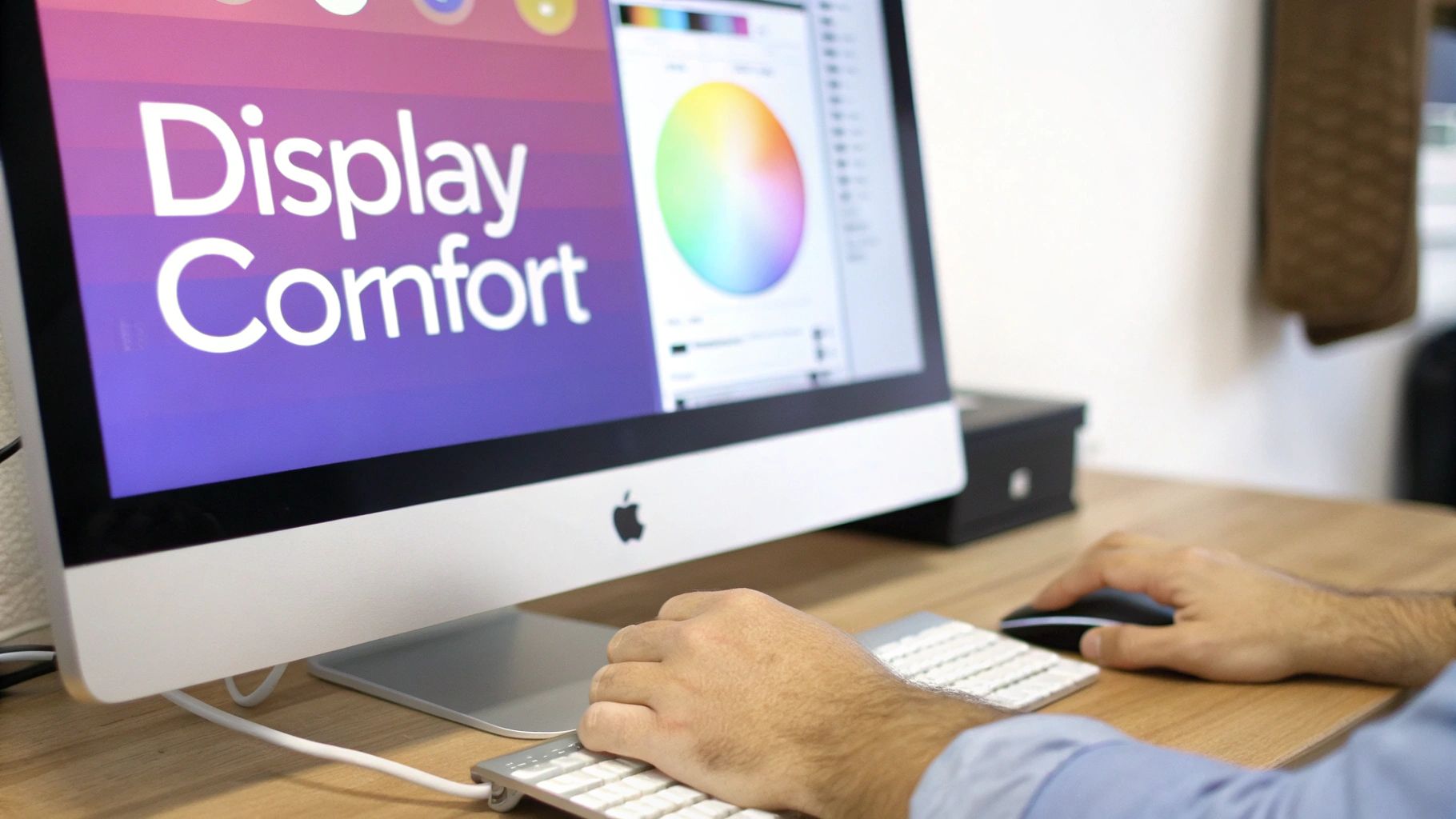 A person adjusting their computer monitor's settings to reduce eye strain.