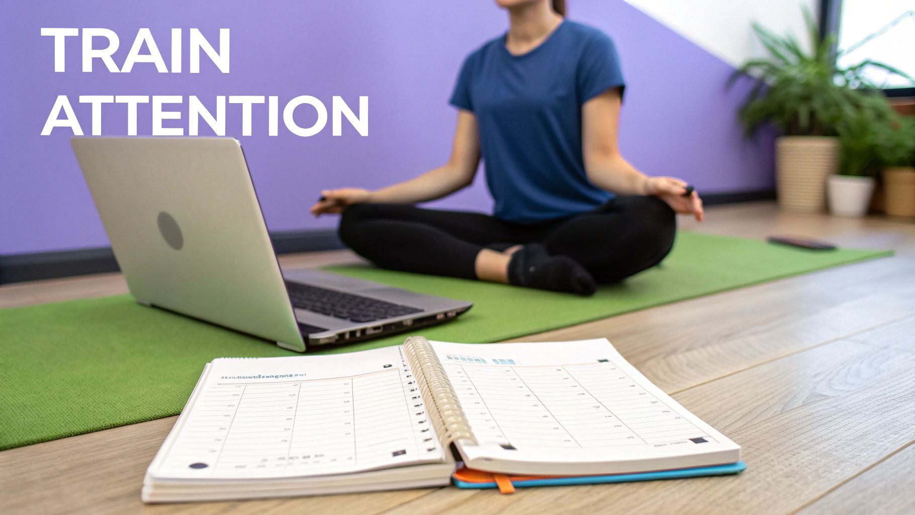 A person meditating in a calm, focused state amidst a chaotic work environment.