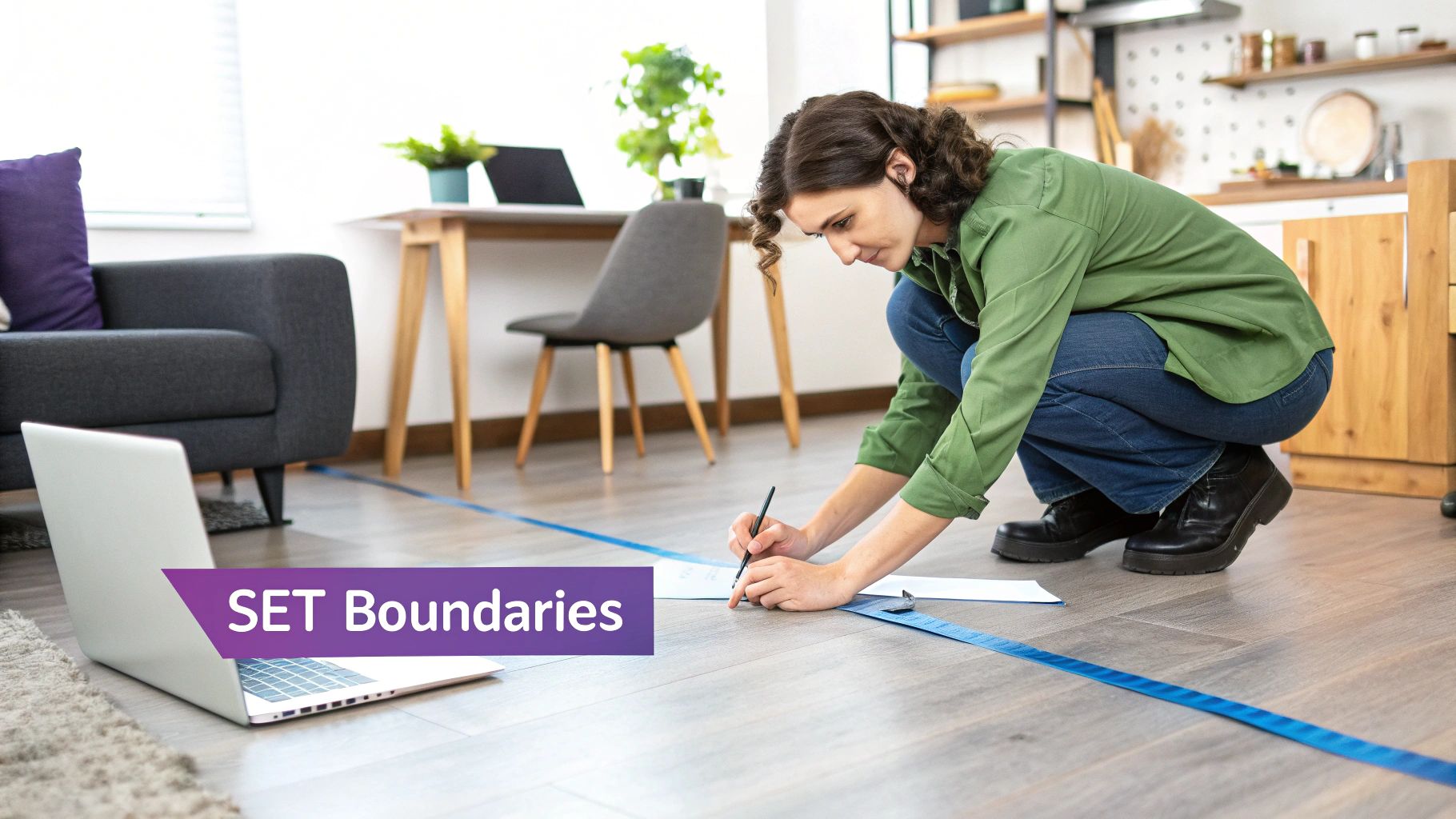 A clear line drawn in the sand on a beach, separating two distinct areas, symbolizing the creation of work-life boundaries.