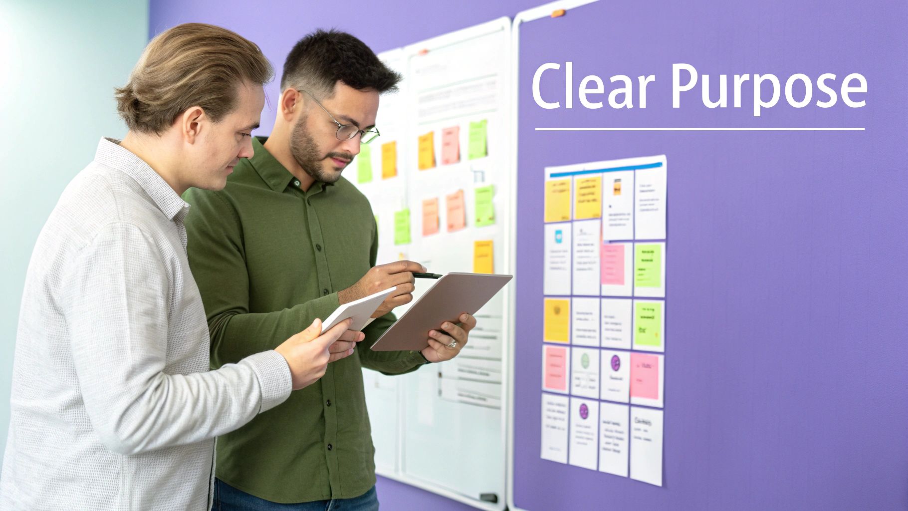 A team looking at a whiteboard with a clear roadmap, illustrating shared purpose and goals.