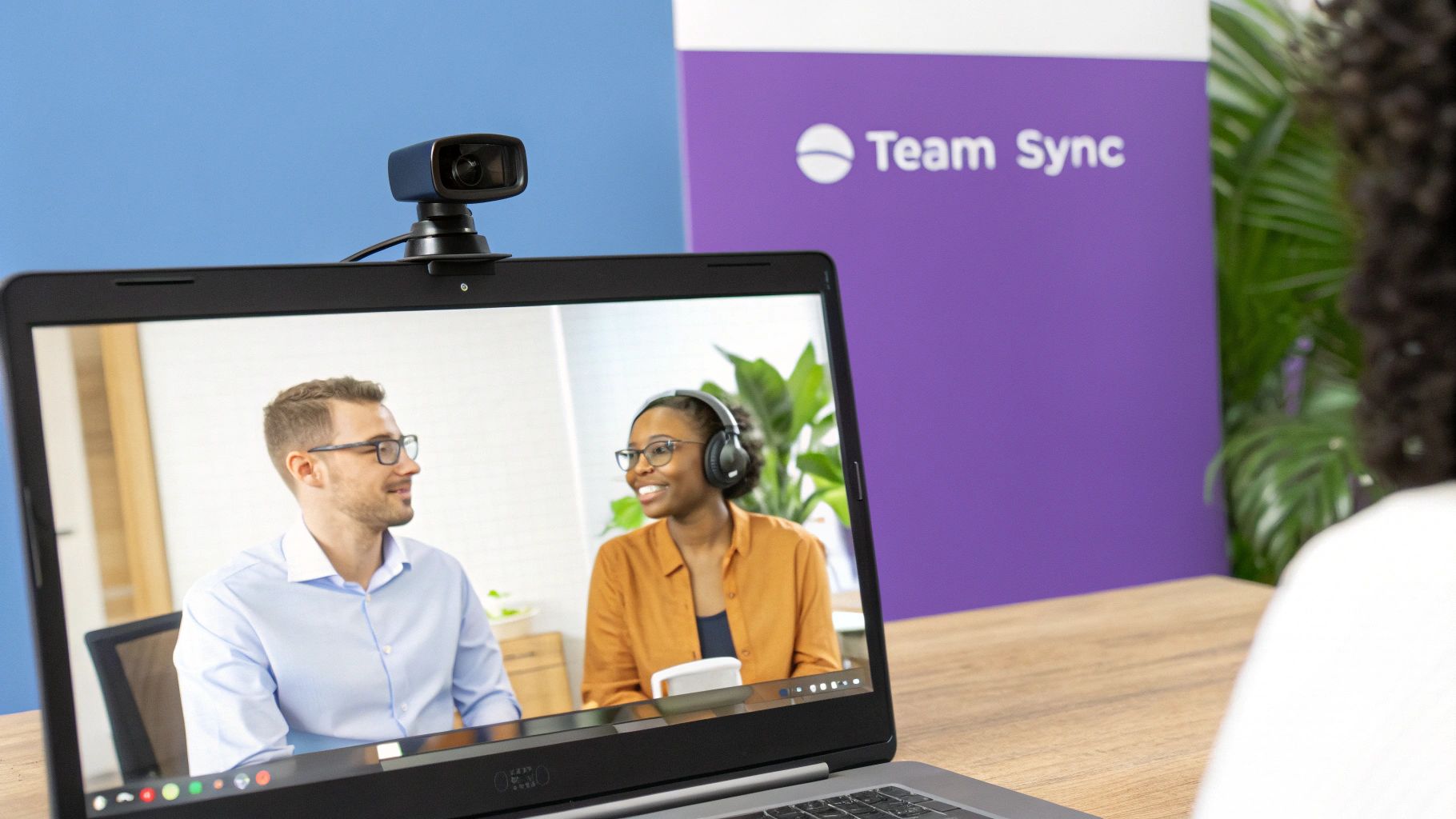 A team collaborating effectively during a video conference call, with multiple faces visible on the screen.