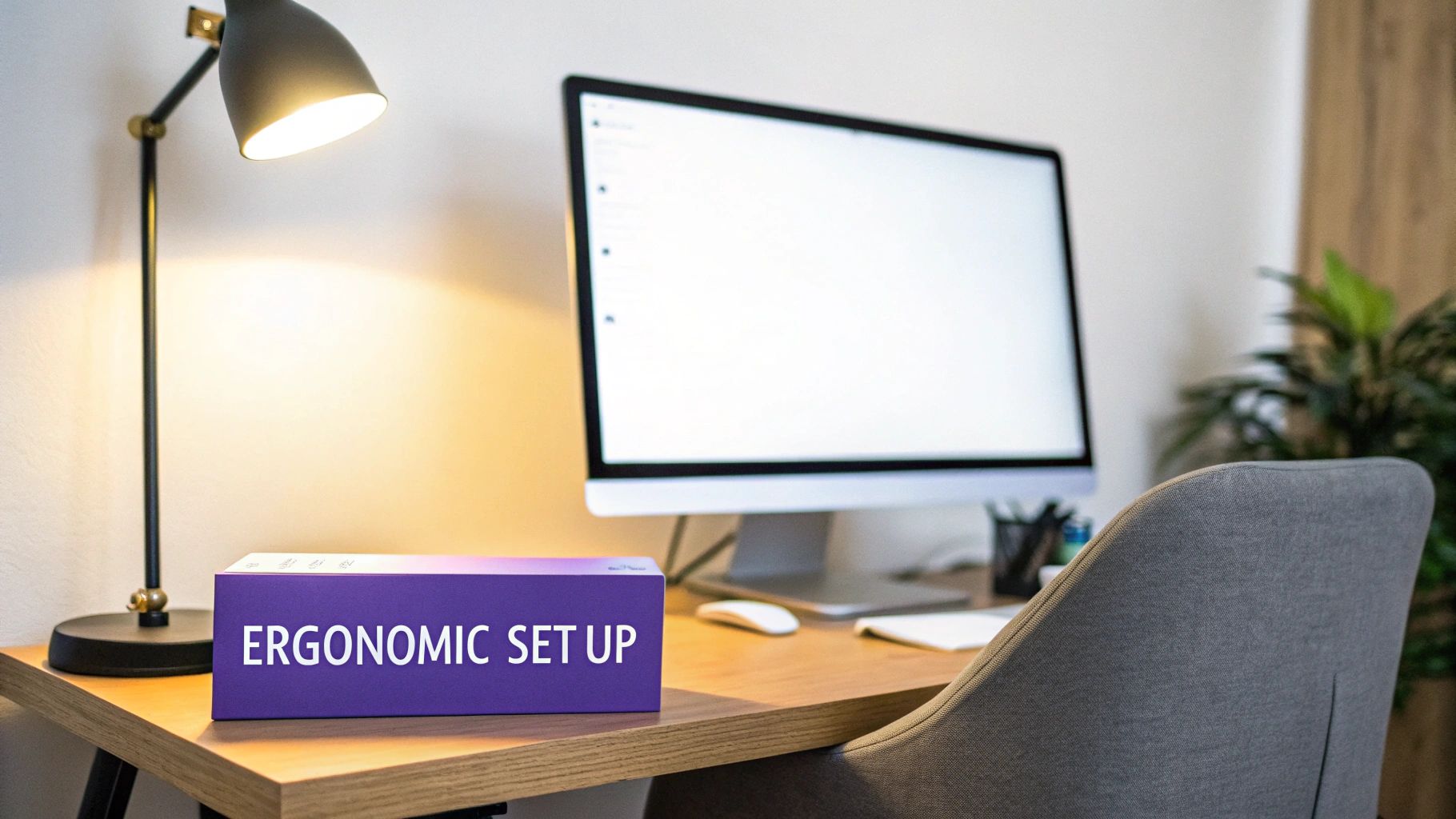 A well-lit, ergonomic desk setup designed to minimize eye strain.