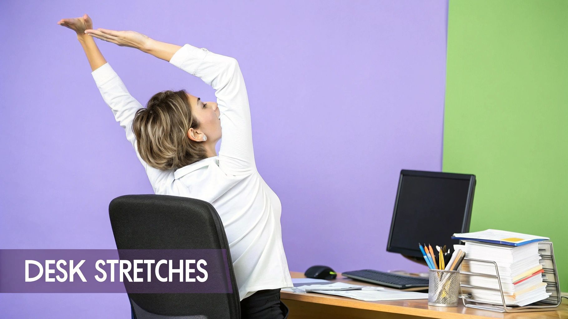 A person performing a simple stretch at their desk.