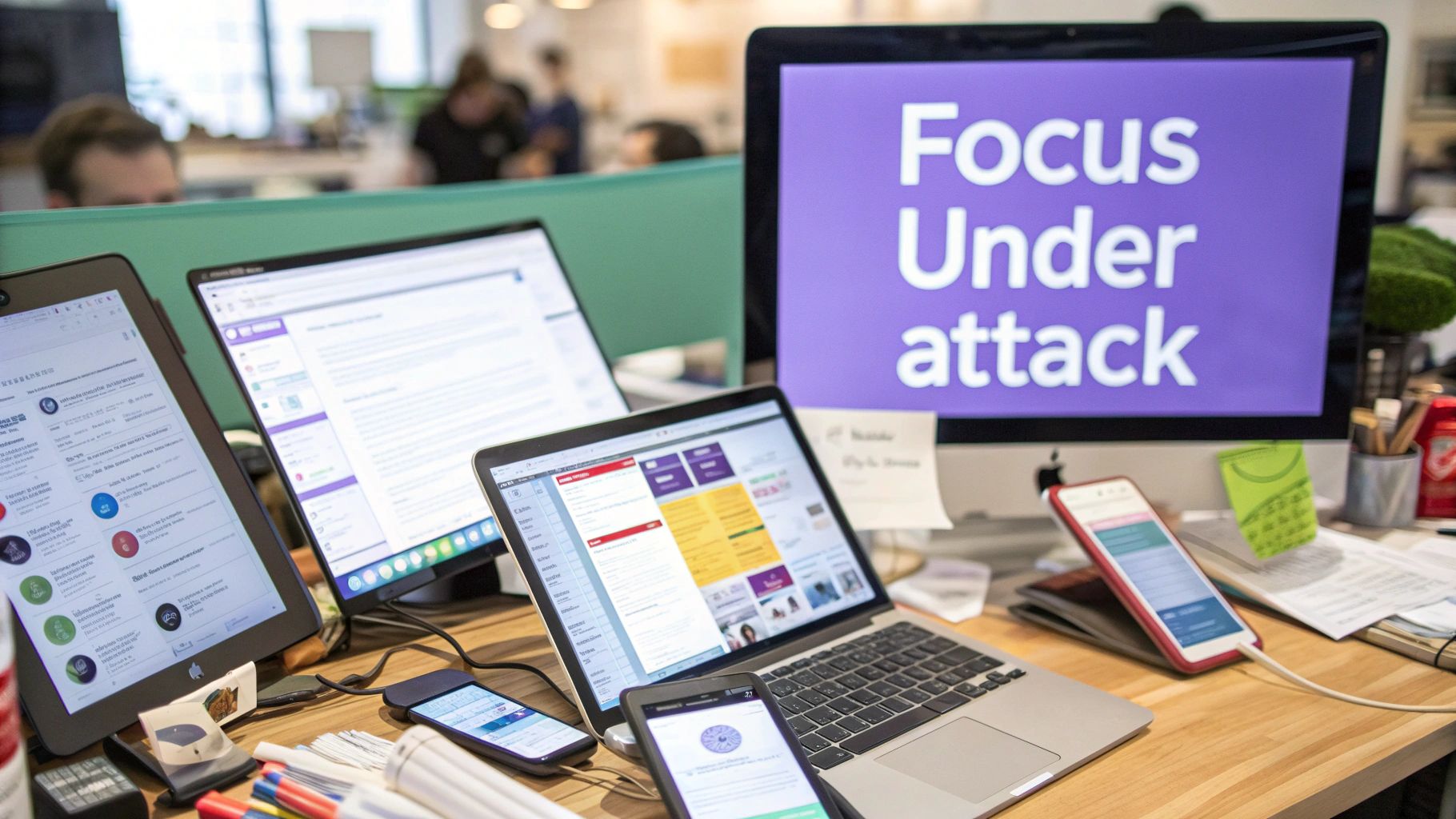 A person sitting at a desk, looking stressed with multiple digital notifications popping up around them.