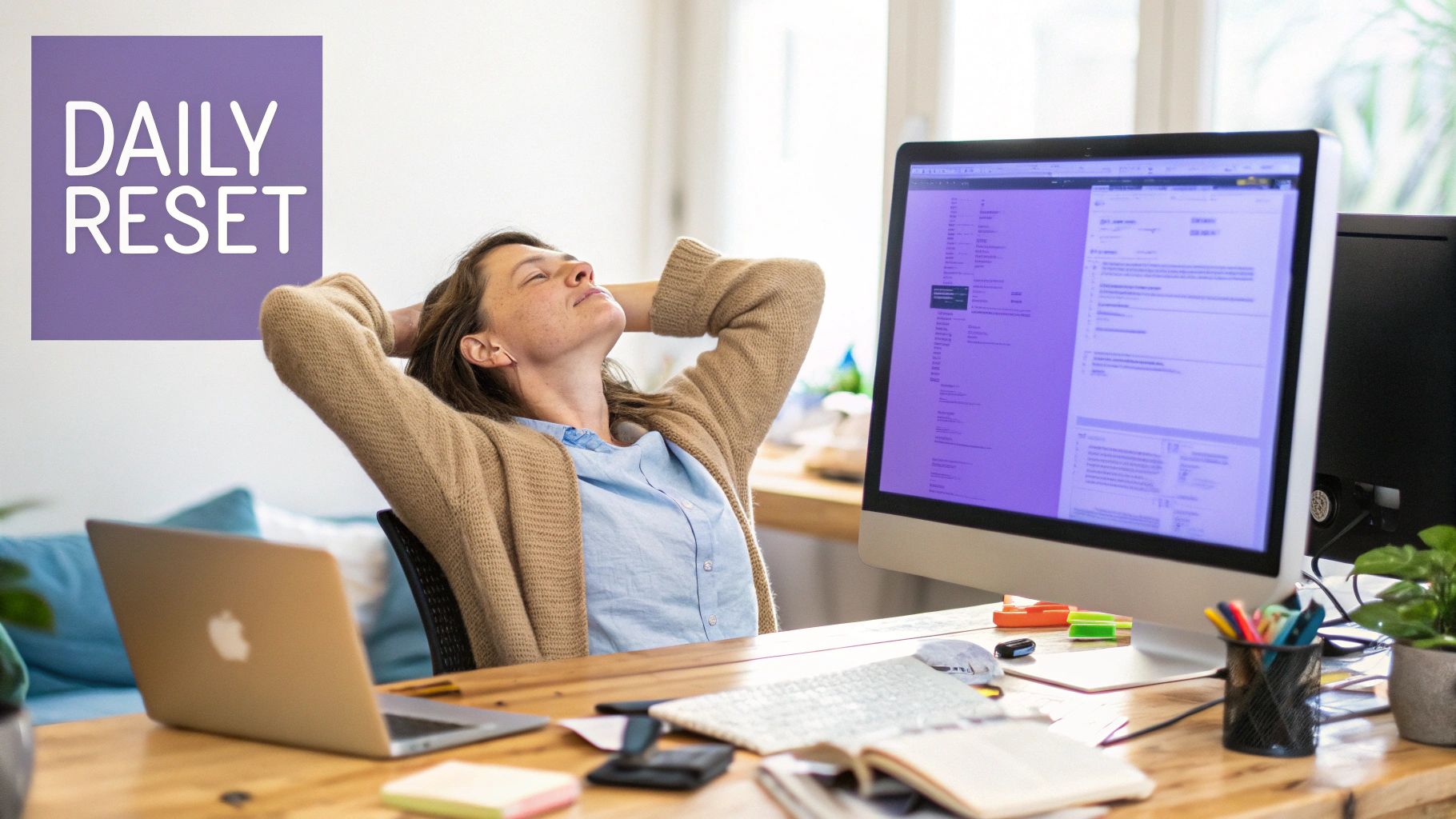 A person taking a mindful break at their desk, looking out the window with a cup of tea.