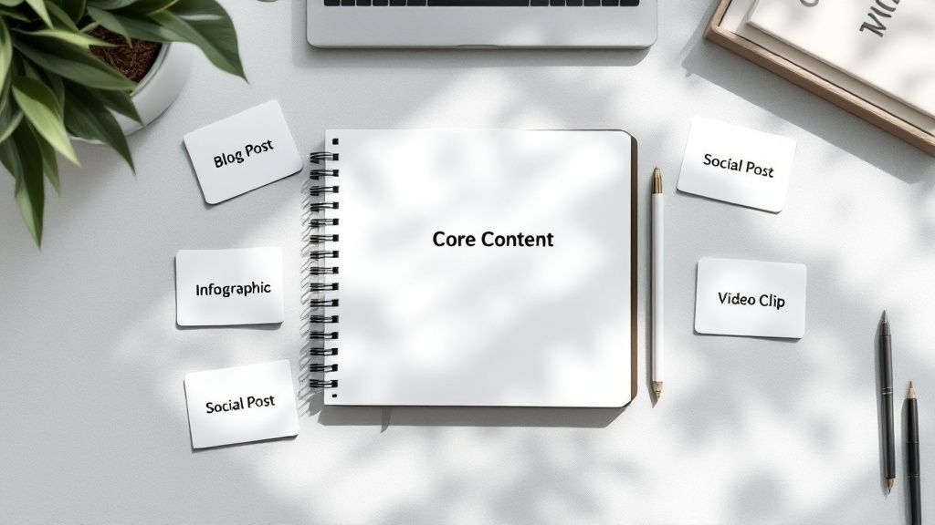 A top-down view of a desk with a spiral notebook open to a page labeled ‘Core Content’ in the center, surrounded by small cards labeled ‘Blog Post,’ ‘Infographic,’ ‘Social Post,’ and ‘Video Clip,’ along with pens, a plant, and a closed book in the background.