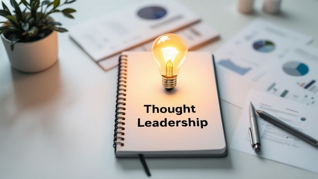 A spiral notebook on a desk with the words ‘Thought Leadership’ on its cover, topped by a glowing light bulb, surrounded by scattered business charts, graphs, pens, and a small potted plant, symbolizing bright ideas and strategic thinking.