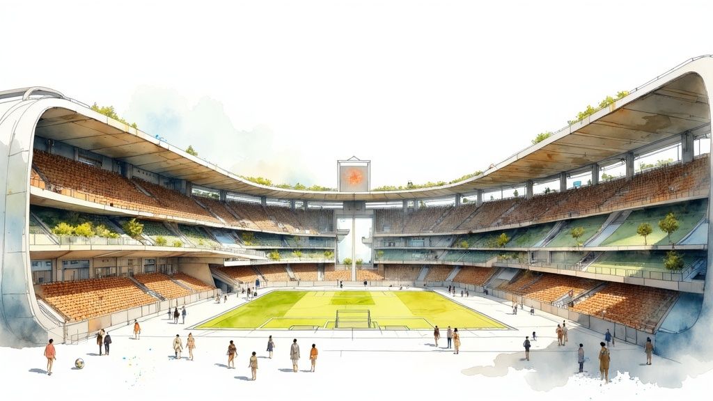 Watercolor sketch of a modern, eco-friendly stadium with a soccer field and people.