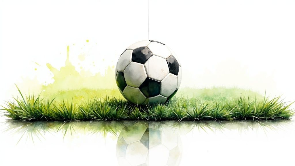 Classic black and white soccer ball resting on vibrant green grass with artistic watercolor background