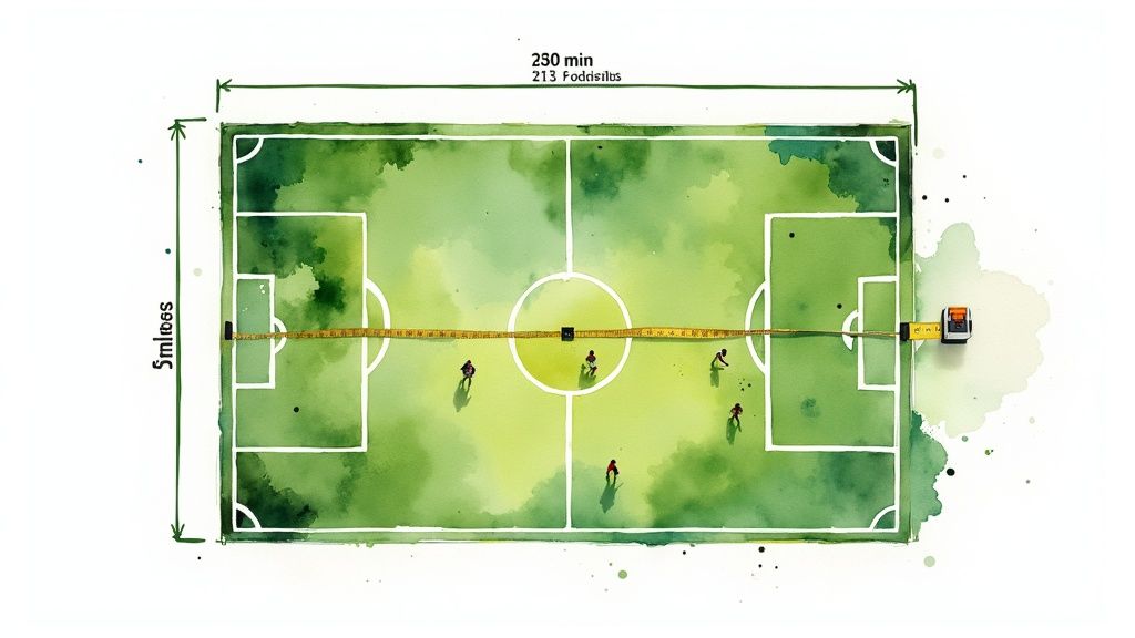 An empty, professionally marked soccer football field from a high angle, showing all the lines and dimensions.