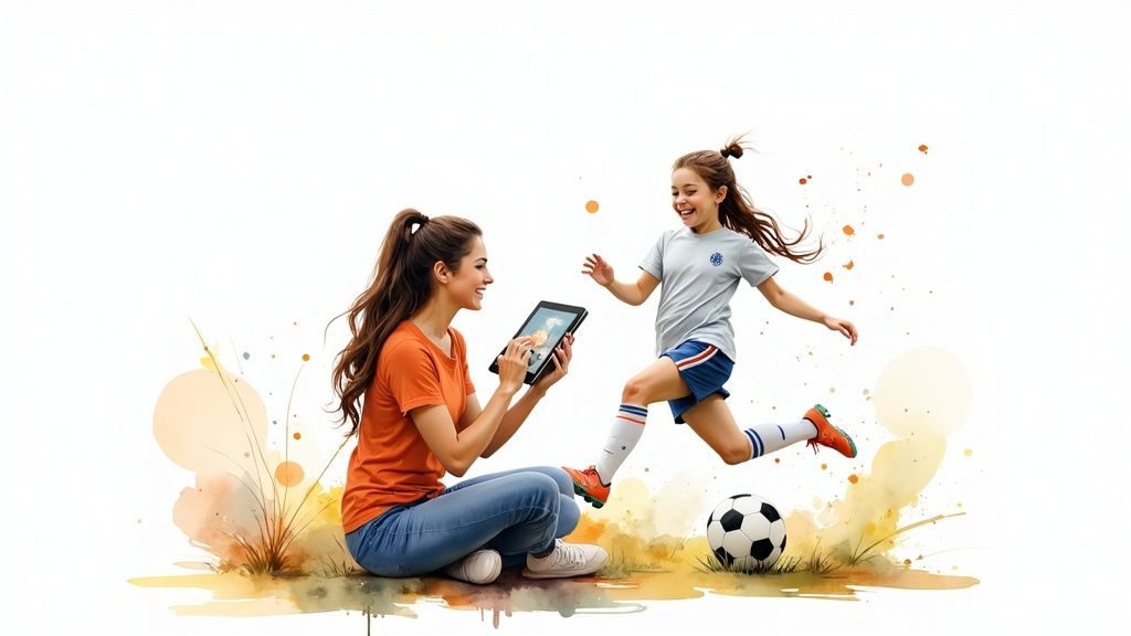 A person smiling while watching a personalized birthday video on a laptop, with soccer-themed decorations around.