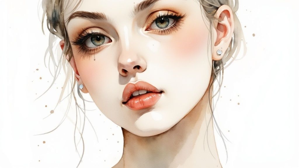 Detailed watercolor painting of a young woman's face with expressive green eyes and rosy cheeks.