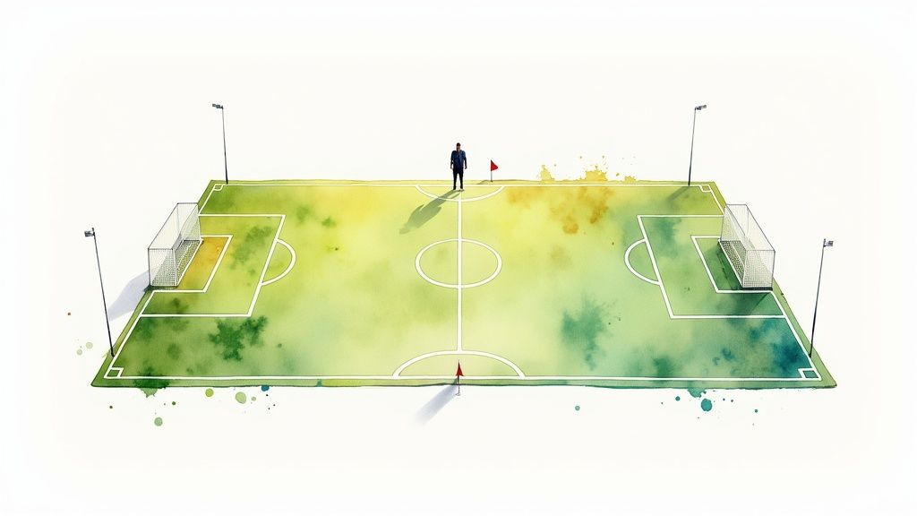 Watercolor illustration of a soccer field with one person standing in the center, goals at each end.