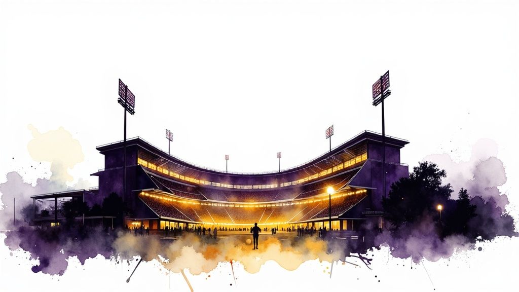 A vivid watercolor painting depicts a large sports stadium at night, brightly lit, with a lone figure.