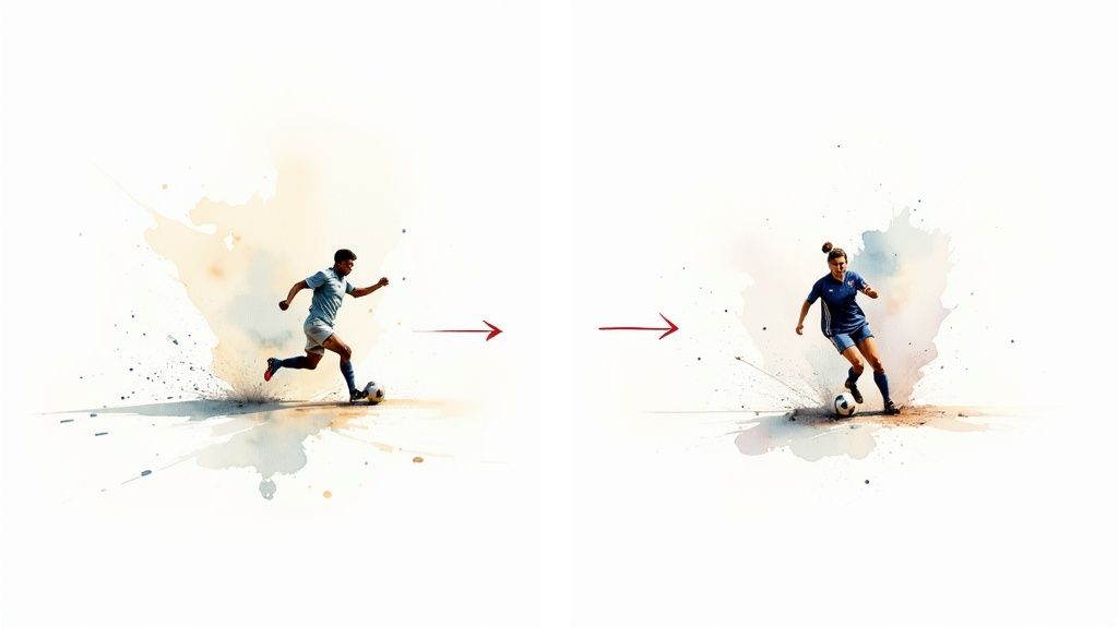 A soccer player planning a strategy on a tactical board representing a soccer field