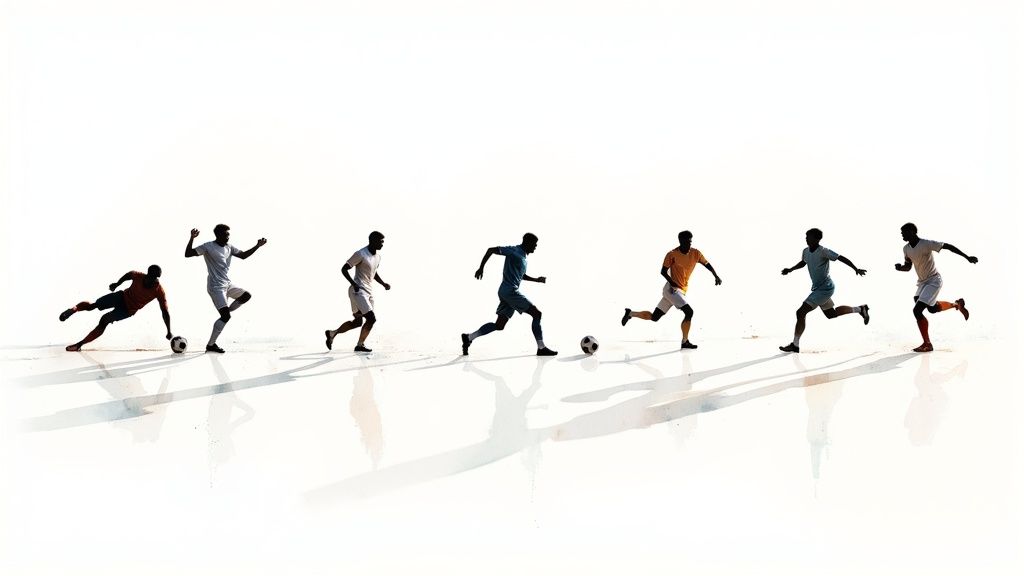 Soccer players in various positions on the field