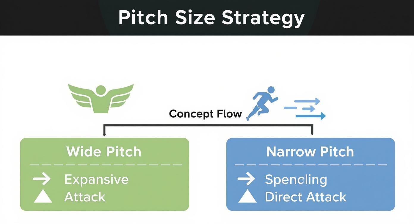 Infographic showing pitch size strategy: wide pitch for expansive attack, narrow pitch for spenciling direct attack.