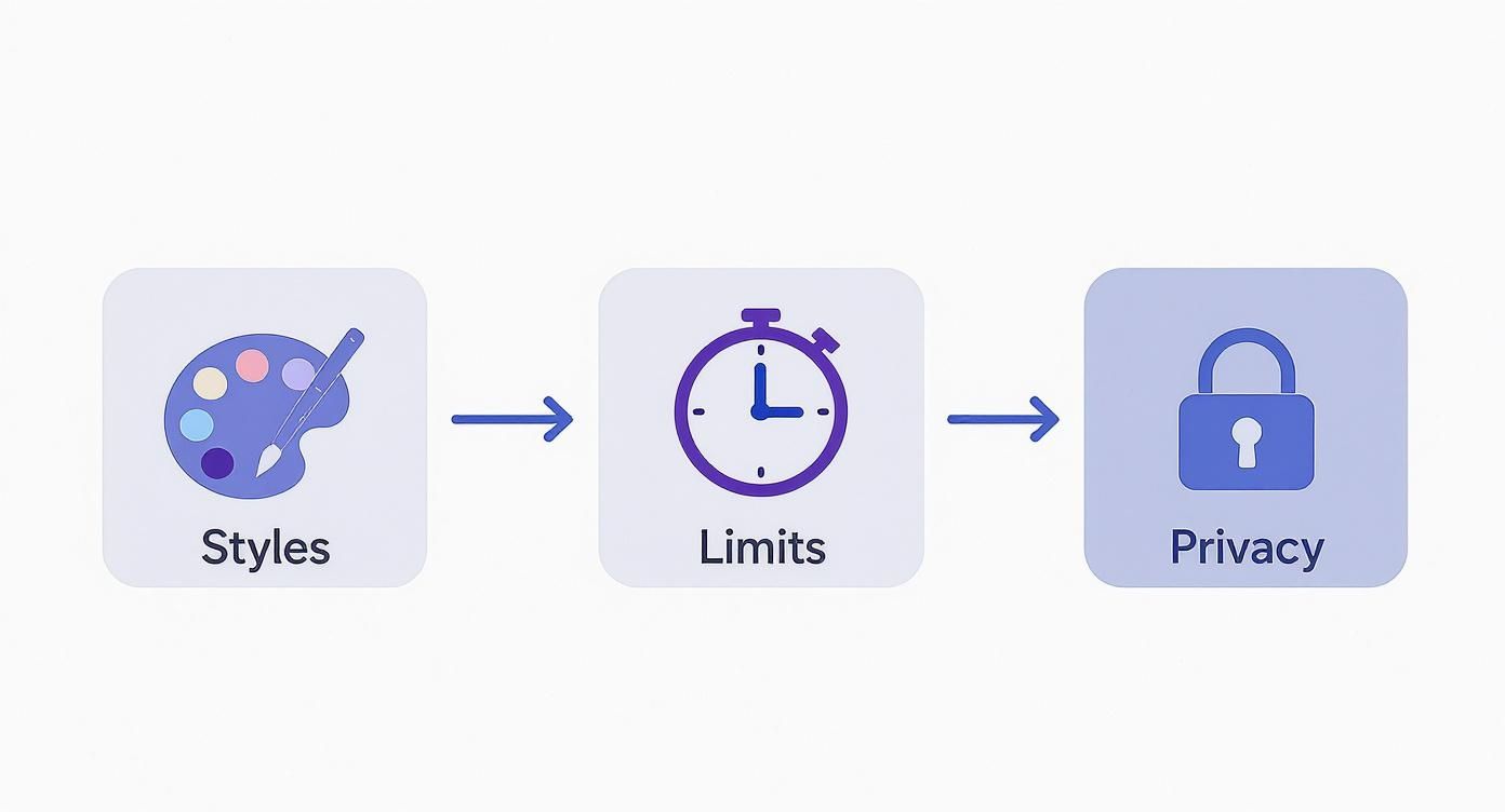 Infographic showing a process flow for choosing an AI tool, highlighting styles, usage limits, and privacy.