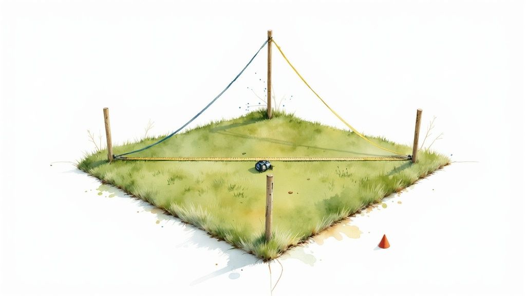 A groundskeeper using a line marker to paint white lines on a green soccer field.