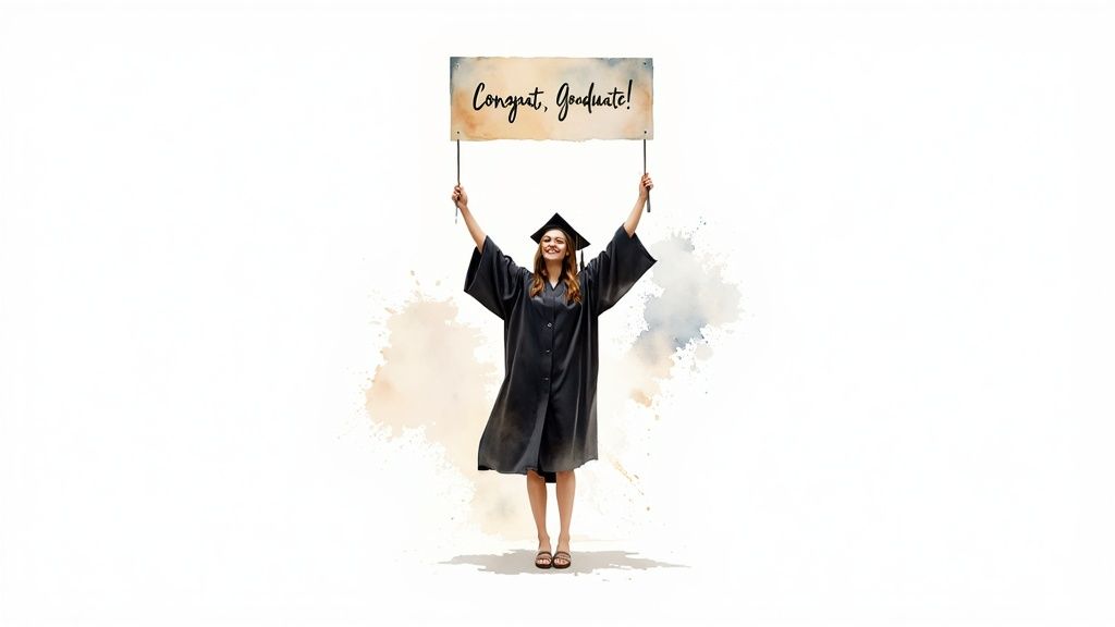 A person holding a rolled-up 'congrats graduate' banner in front of a celebratory backdrop.