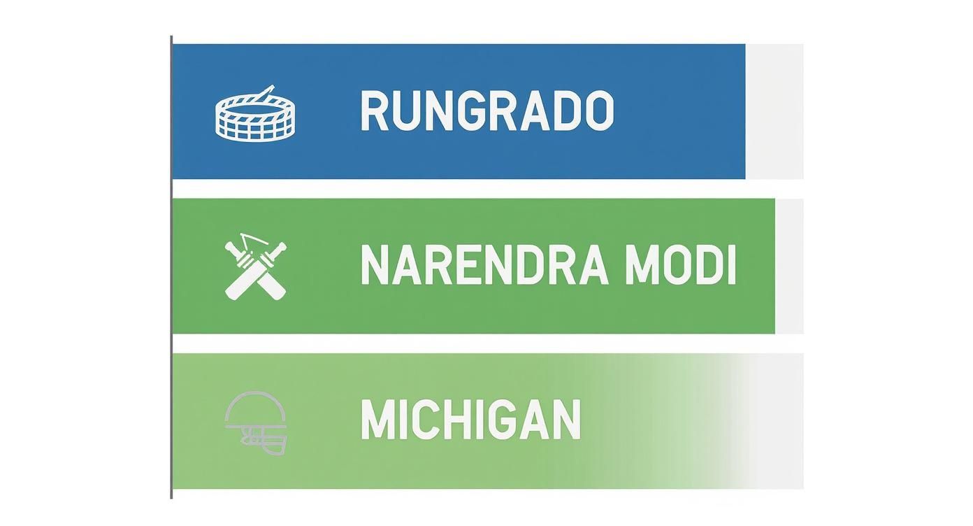Three horizontal bars display names and icons: Rungrado with a drum, Narendra Modi with crossed bats, and Michigan with a helmet.