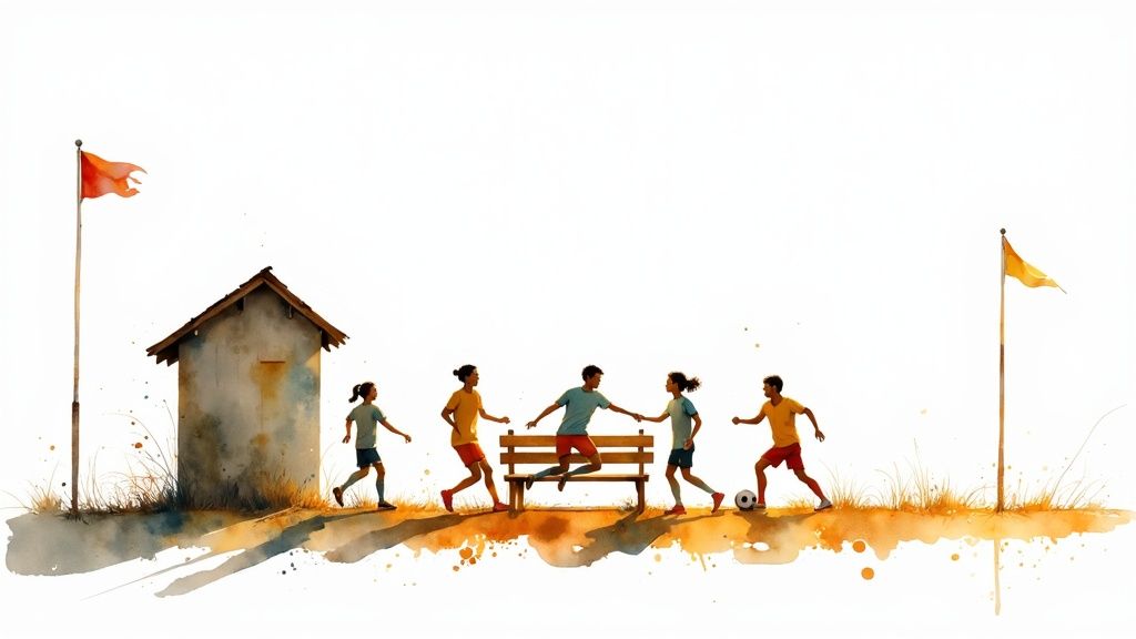Watercolor illustration of children playing soccer near small house with colorful flags in rural setting