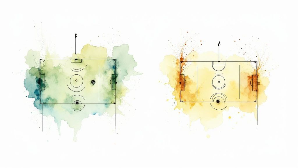A coach drawing tactical plays on a whiteboard representing a soccer field.