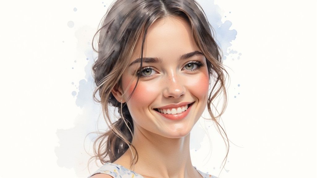 Watercolor portrait of a smiling young woman with light brown hair and green eyes.